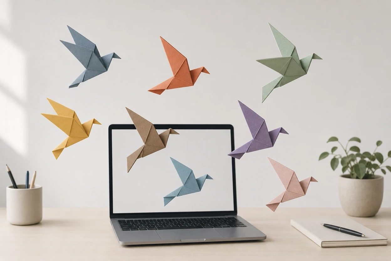 Ocho pájaros de origami de distintos colores volando desde un laptop abierto sobre un escritorio