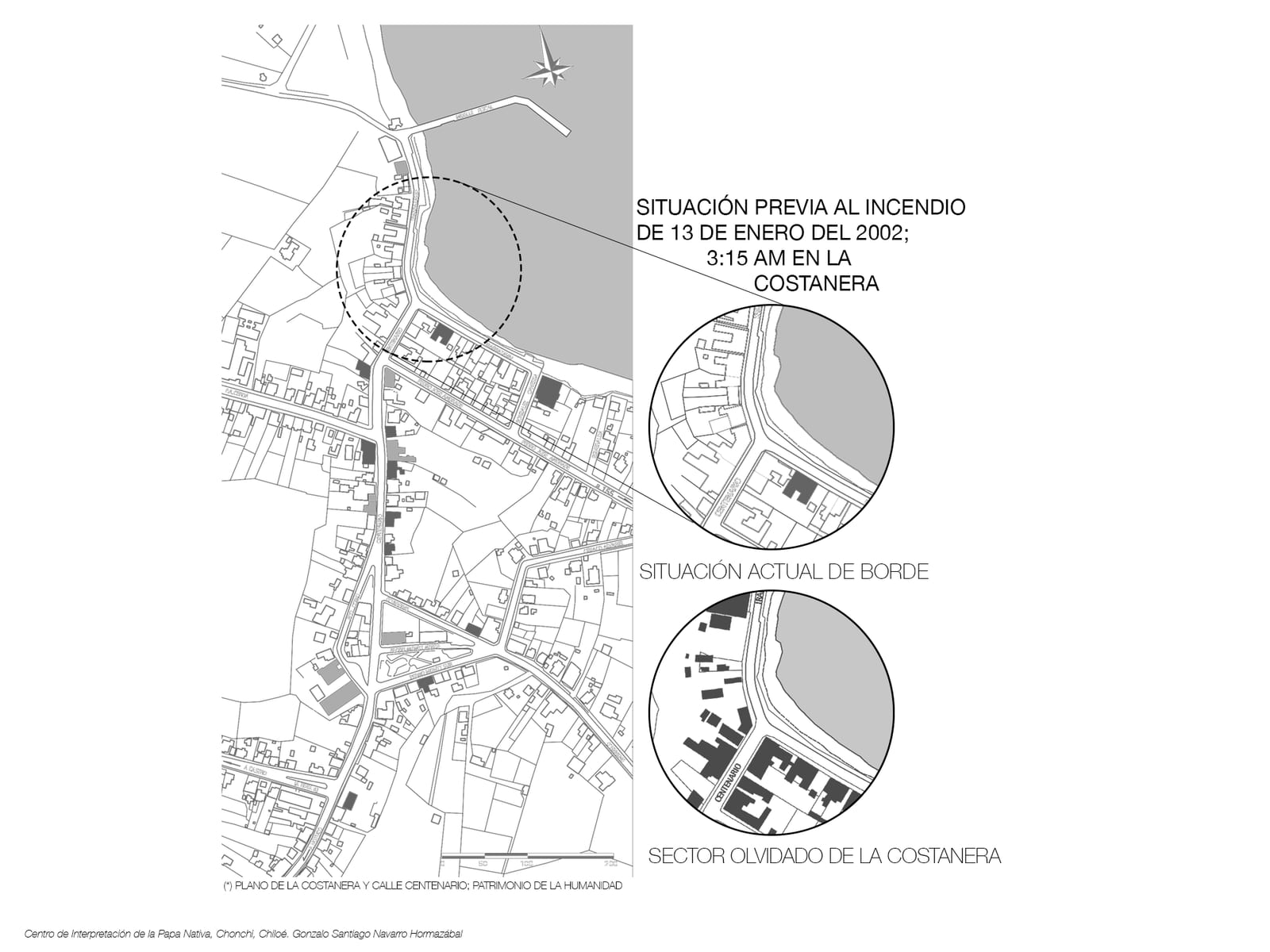 Comparative plans of Chonchi's waterfront before and after the fire of 13 January 2002, showing the devastated sector