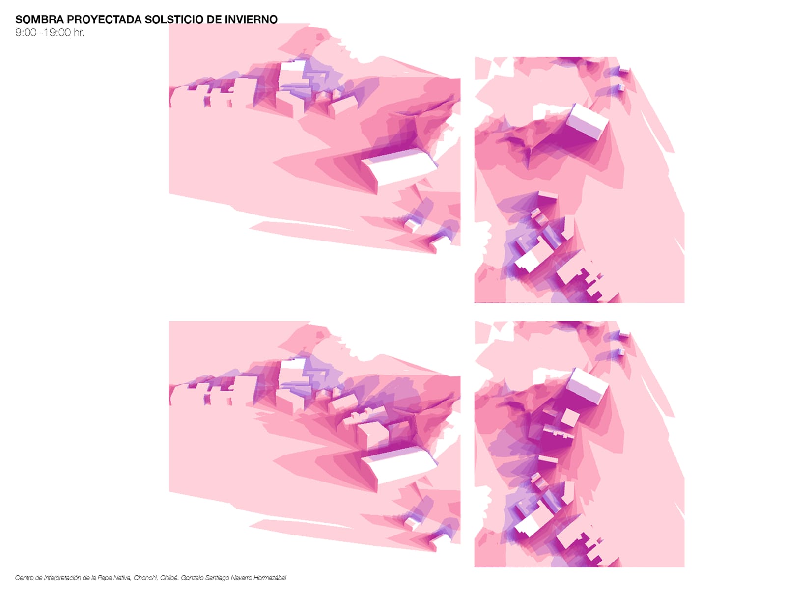 Sun study of the complex at the winter solstice, with shadows cast at different hours