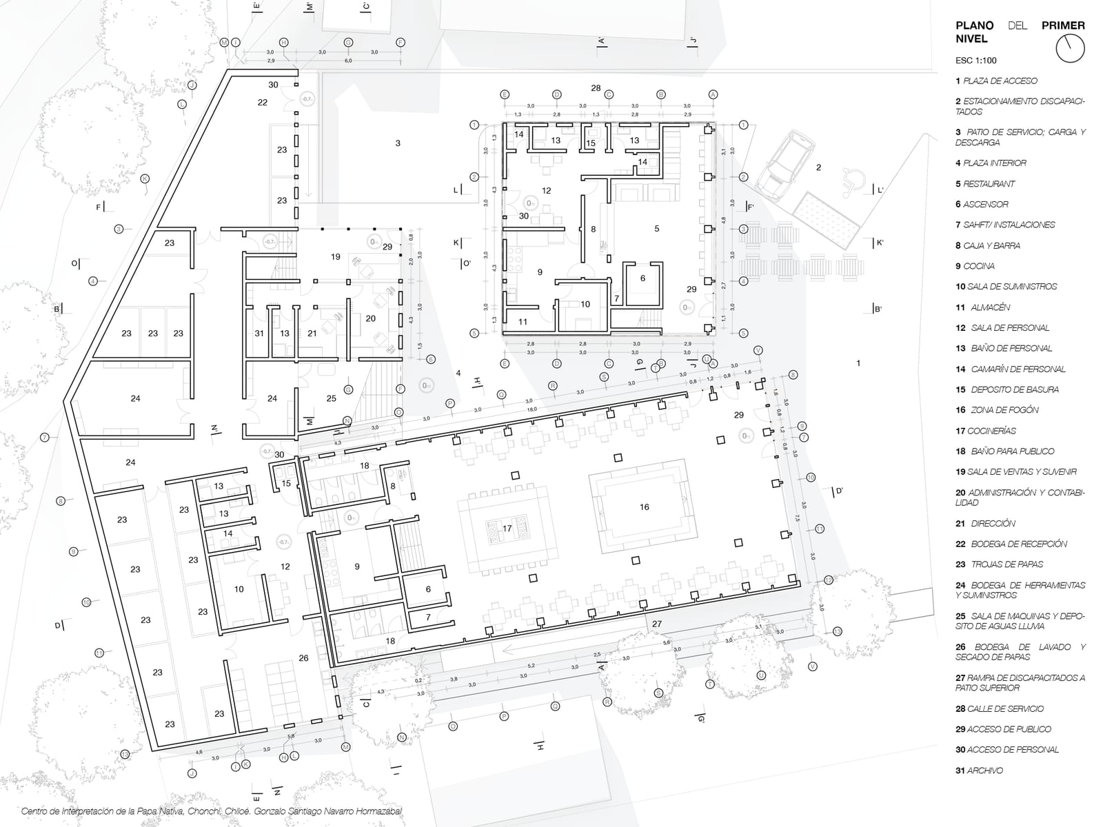 First floor plan of the complex with the three volumes, the courtyard and the variety garden