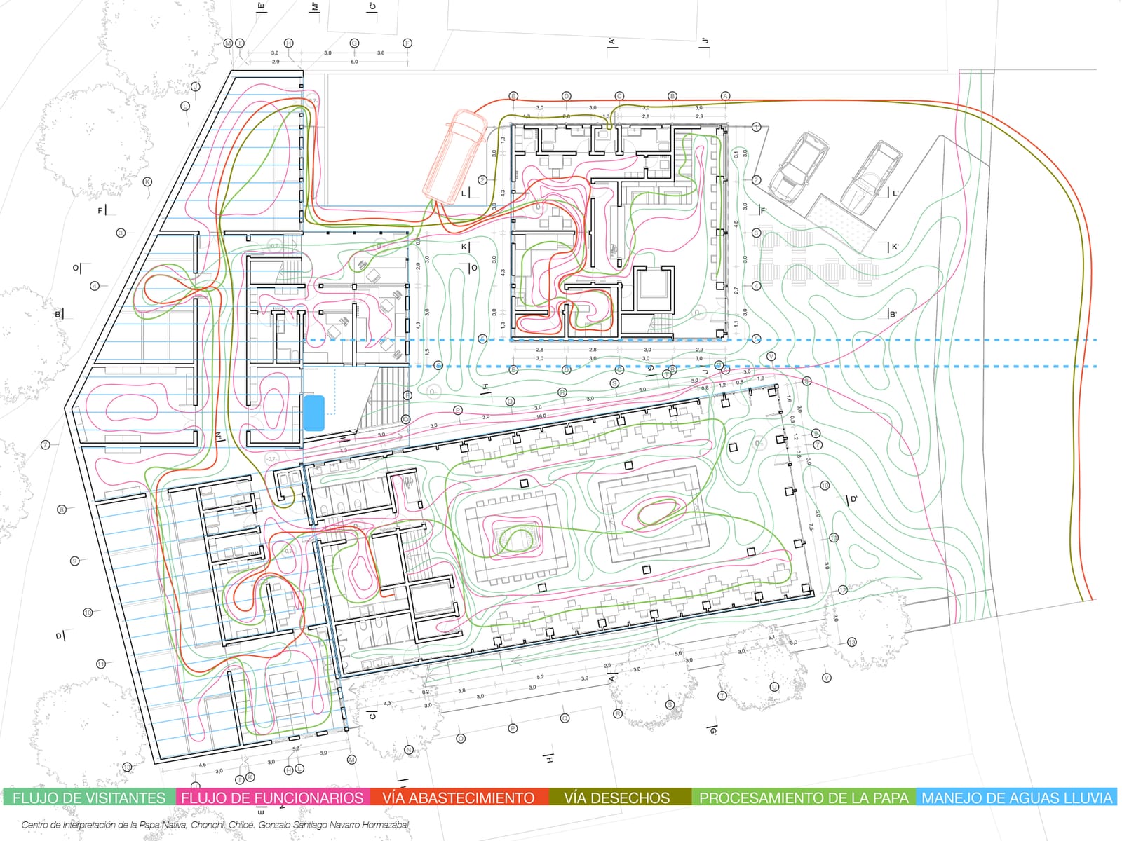 Complex plan with circulation marked in colors by user type and route