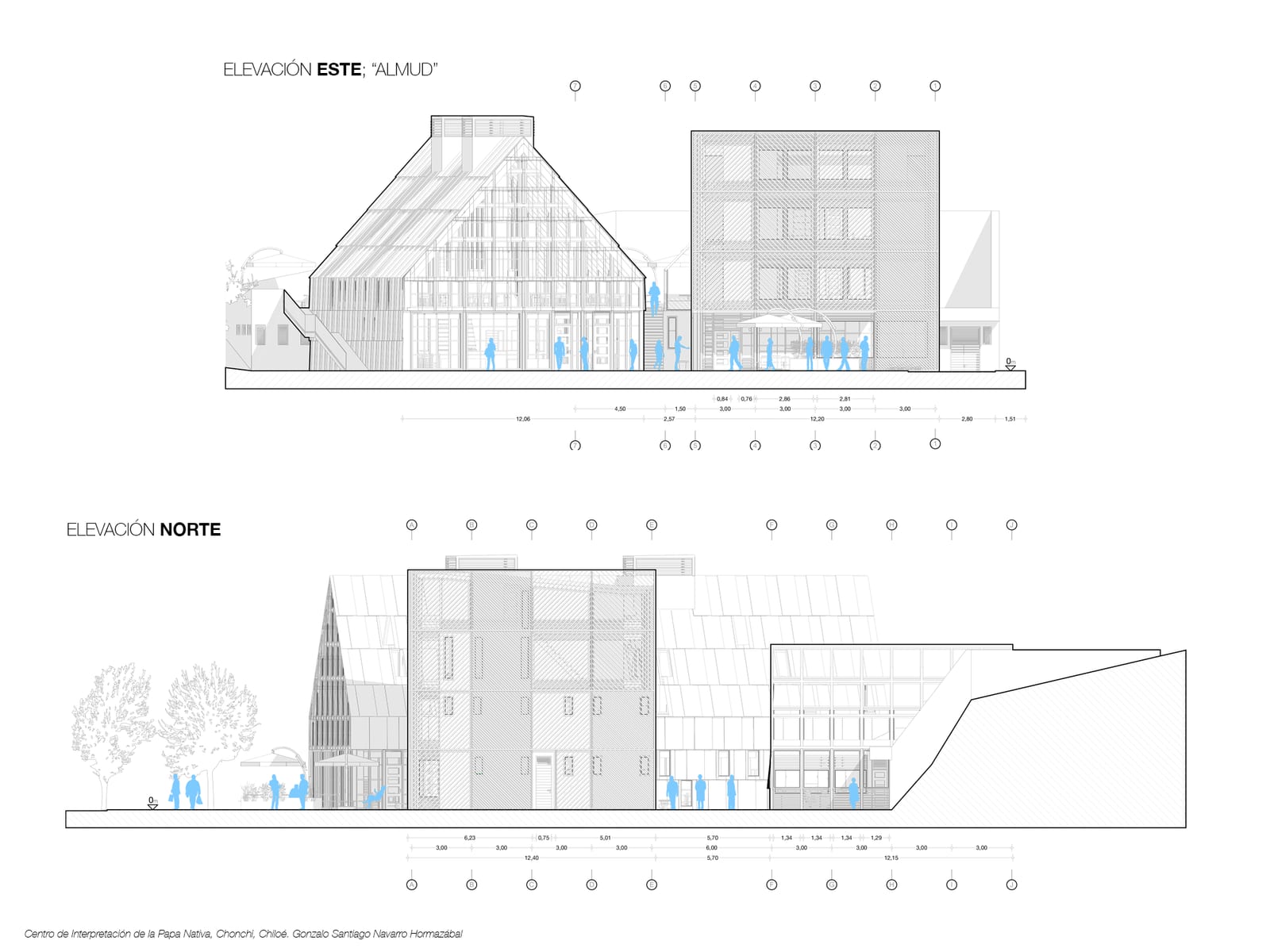 East and north elevations of the complex showing the height relation between the hearth, the greenhouse and the almud