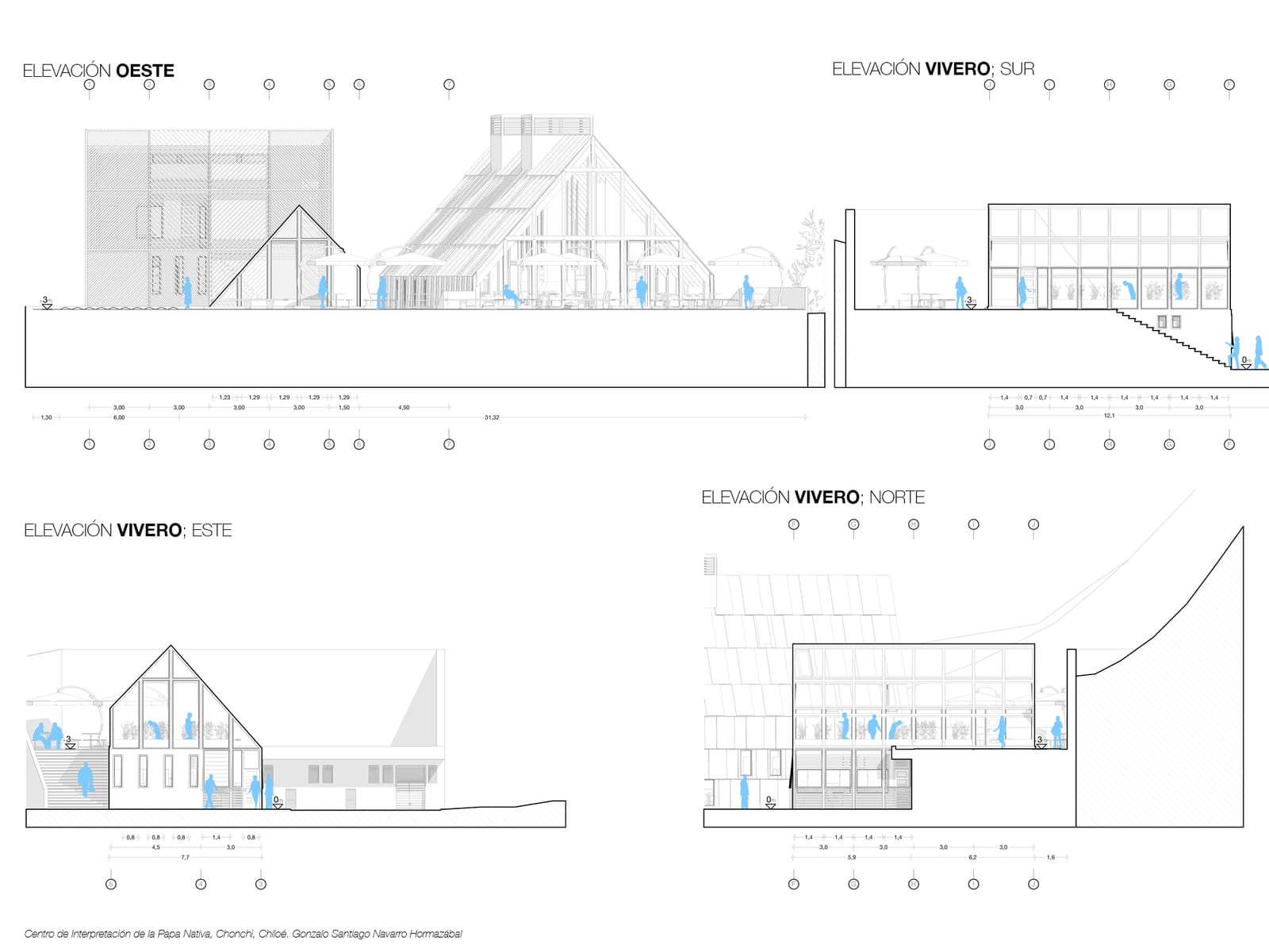 South, east and north elevations of the greenhouse