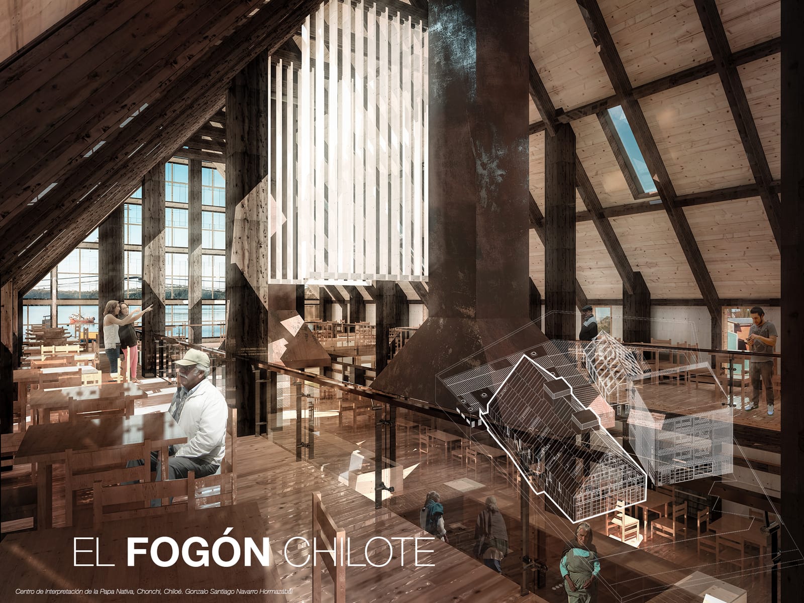 Interior of the hearth seen from the upper level, with the timber roof structure and the hood descending at its center
