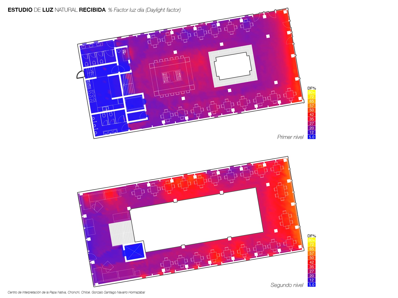 Daylight factor analysis in plan for the first and second levels, on a blue-to-red color scale