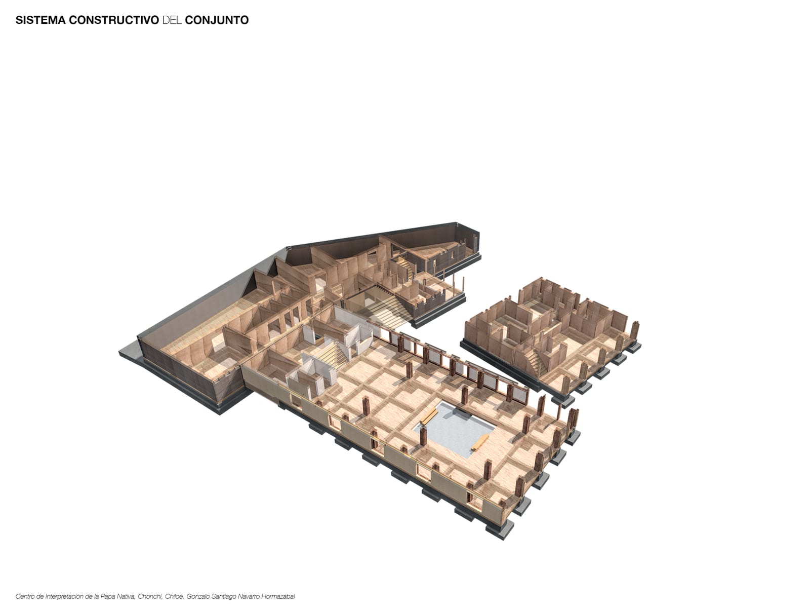 Sectioned axonometric of the whole complex showing the relation between the three volumes and the central courtyard