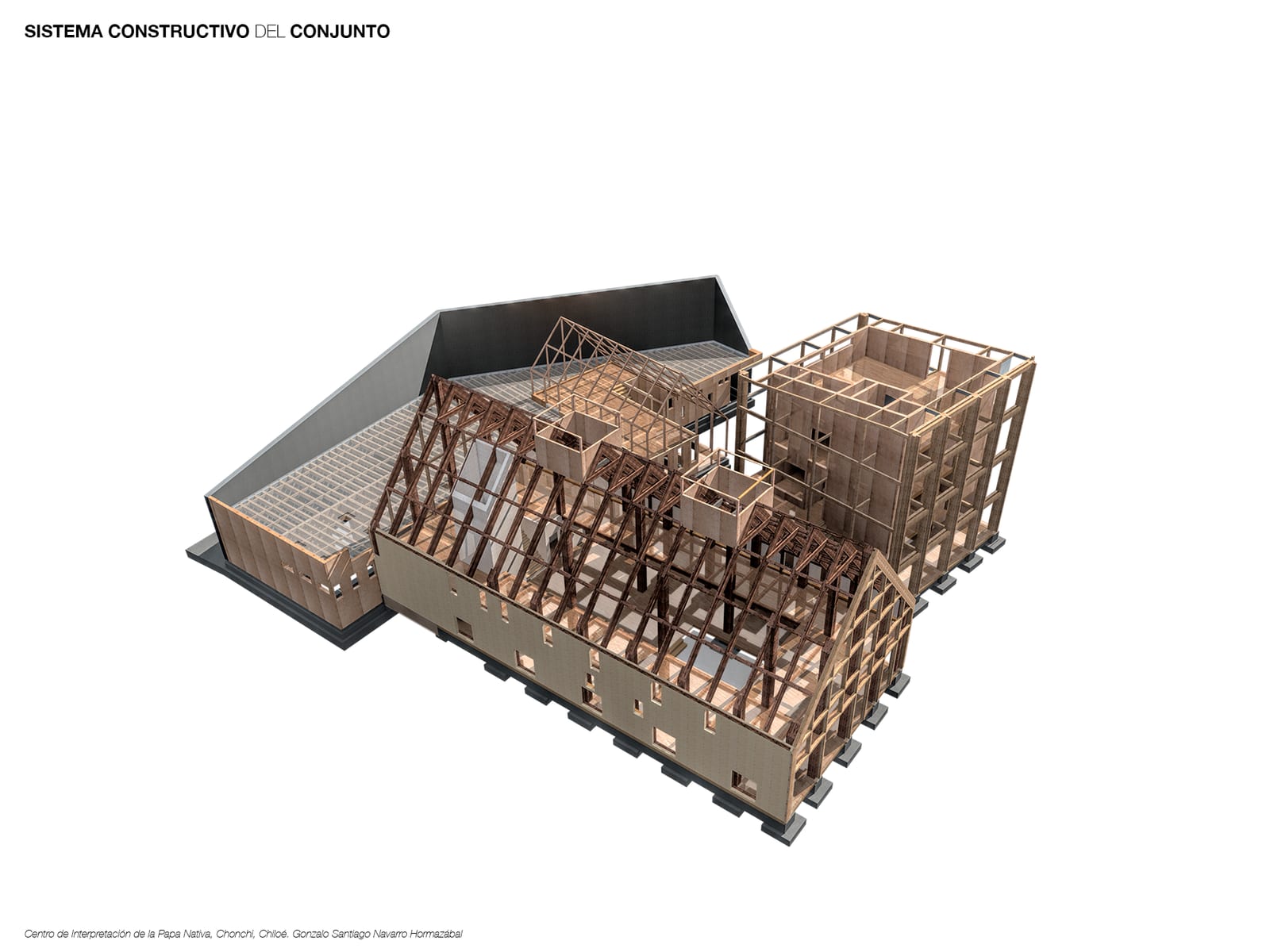 Axonometric of the complex's timber structure, with frames and framing exposed