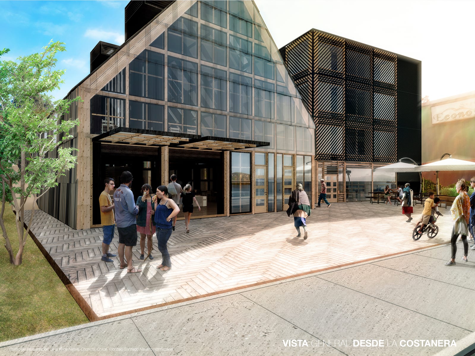 View of the entrance to the complex from the waterfront, with people arriving and the glass and timber façade