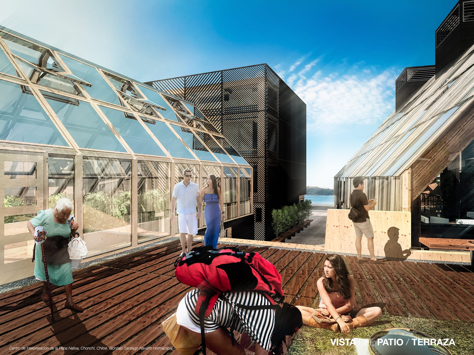 Terrace courtyard with timber decking, benches and parasols, the greenhouse to one side