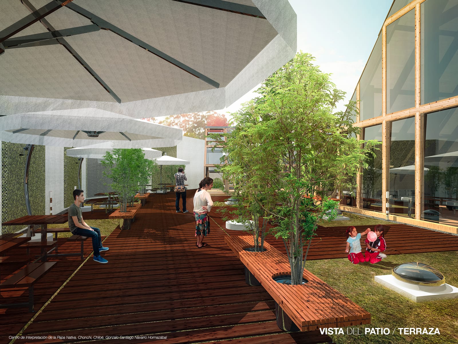 Another view of the terrace courtyard with planters, long benches and people seated