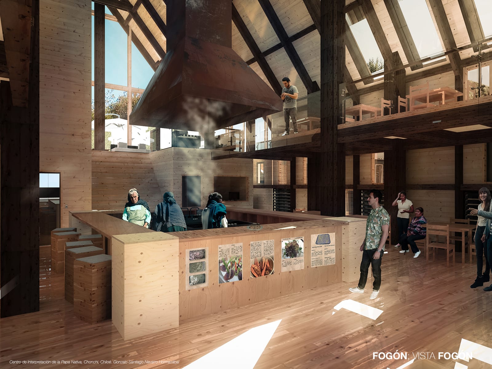 Interior of the hearth building with its large central metal hood, work counters and exposed timber structure