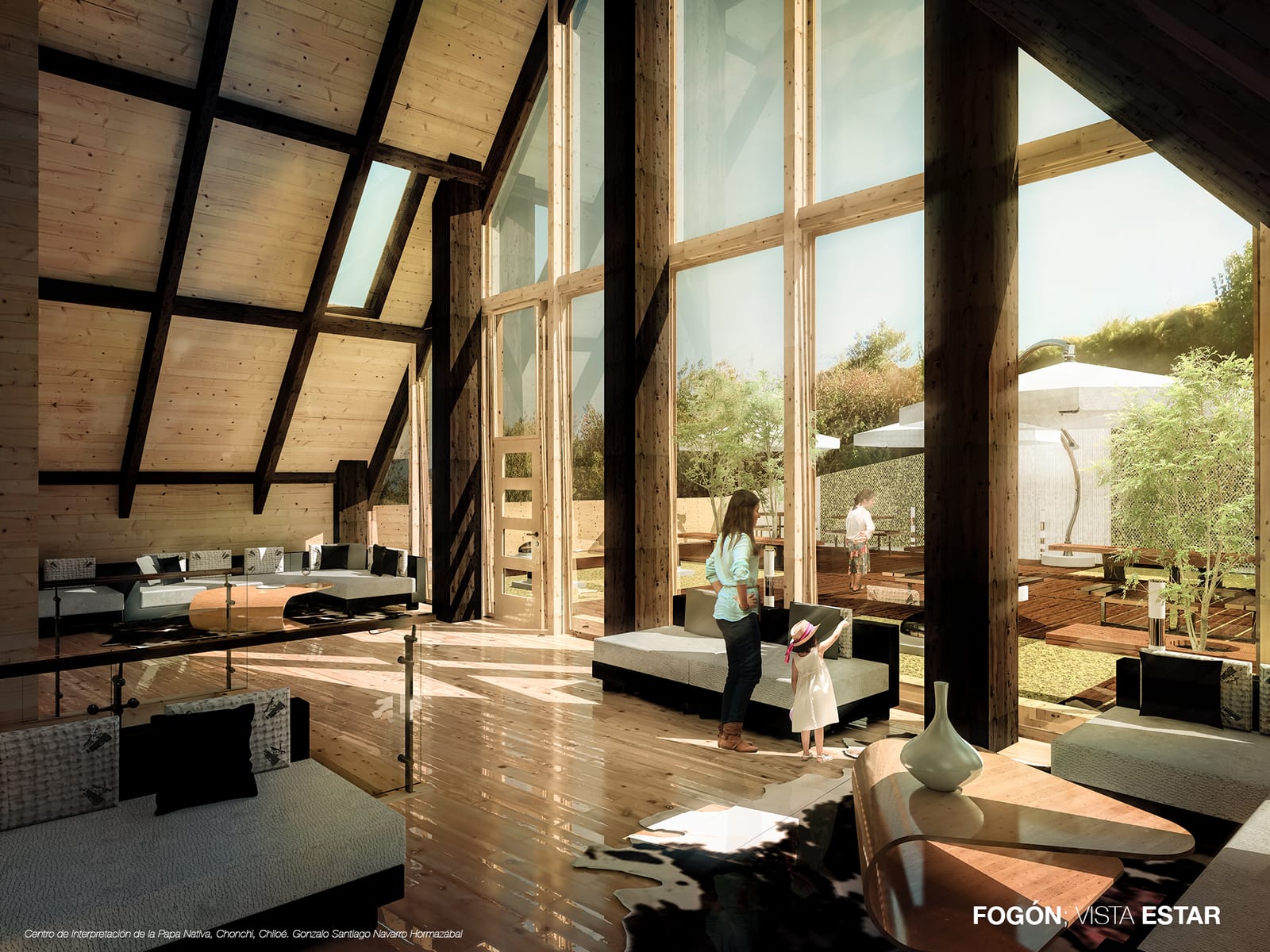 Lounge area of the hearth with sofas under the timber structure and windows onto the courtyard