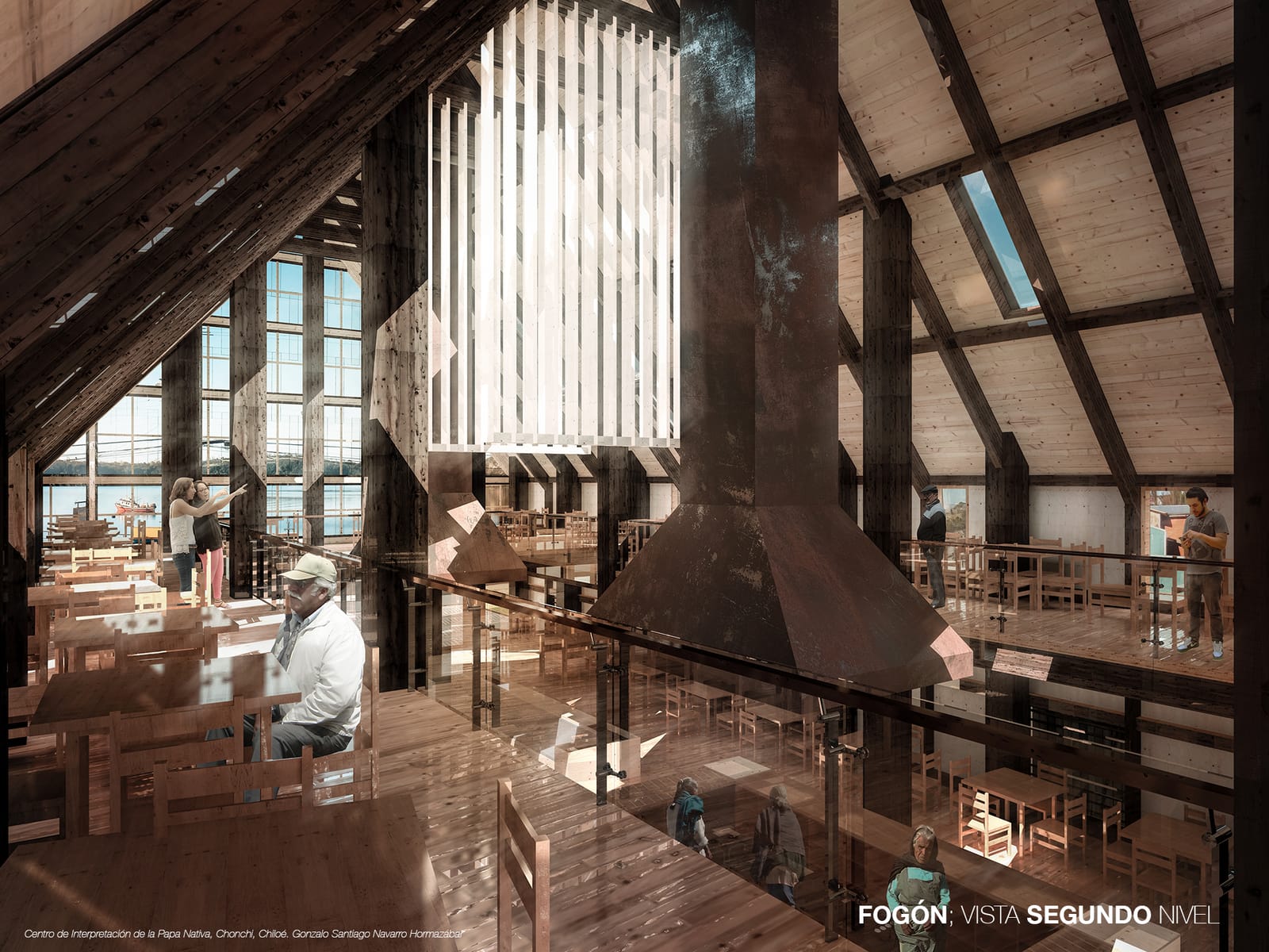 Upper level of the hearth with work counters and the central hood passing beside the walkway