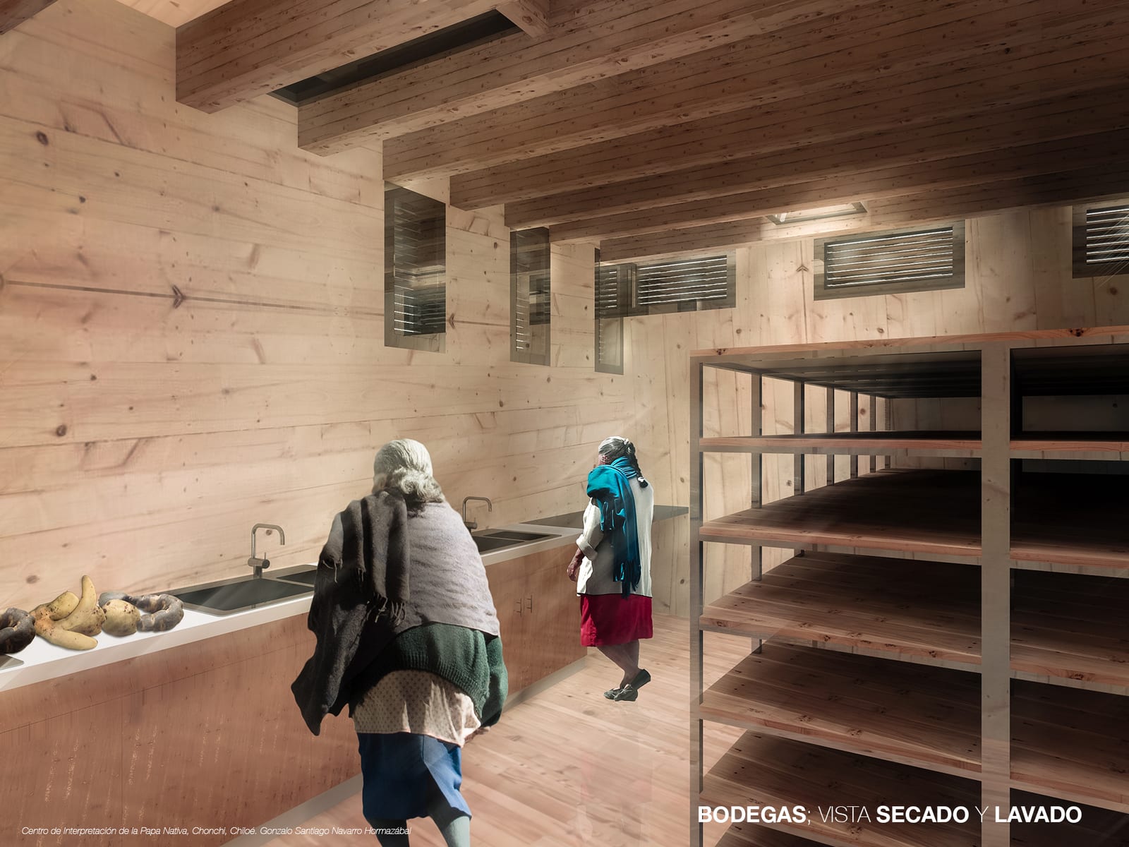 Interior of the storage sheds with timber racks for drying and washing potatoes, and farmers at work