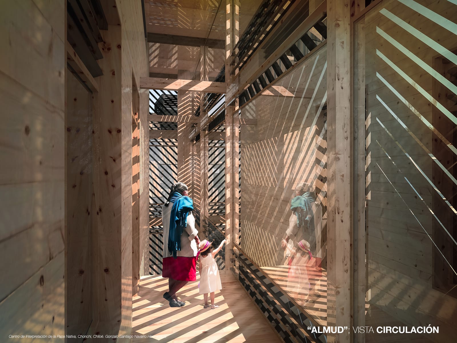 Interior circulation of the almud with timber screens filtering the light