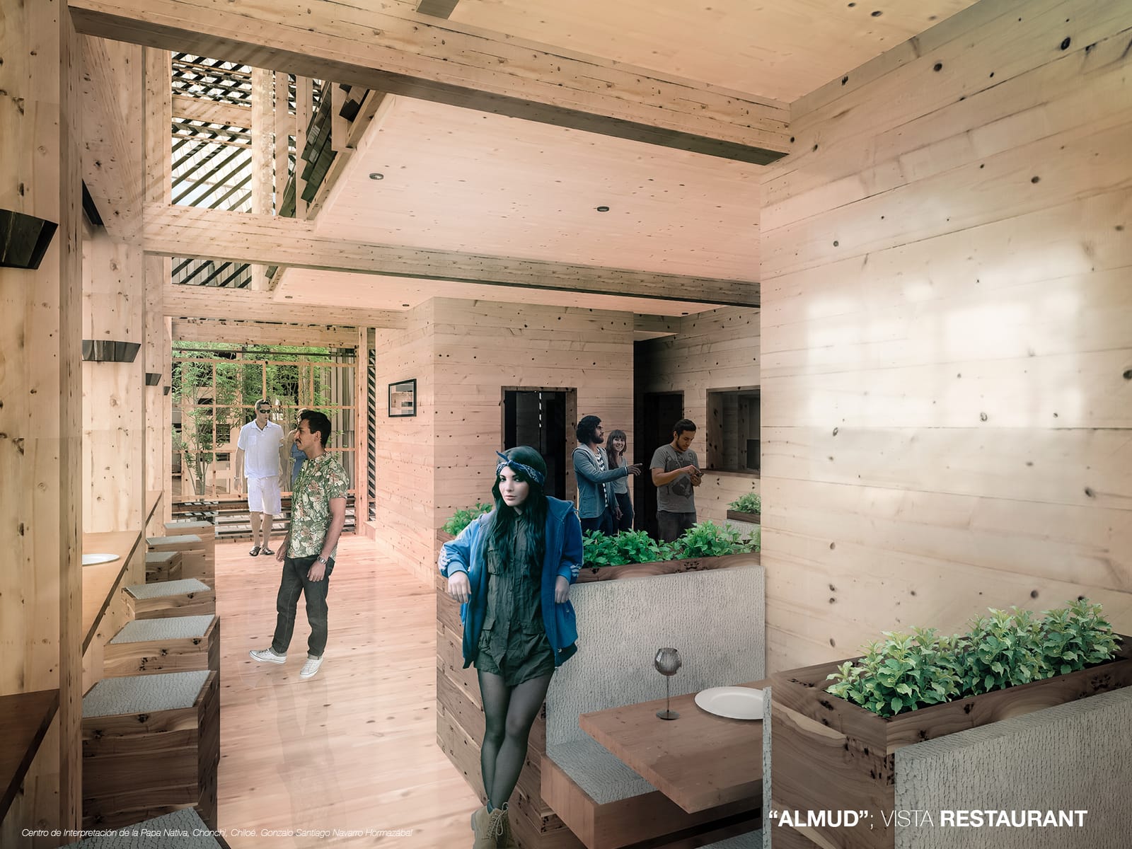 Restaurant inside the almud with interior planters and a view outside