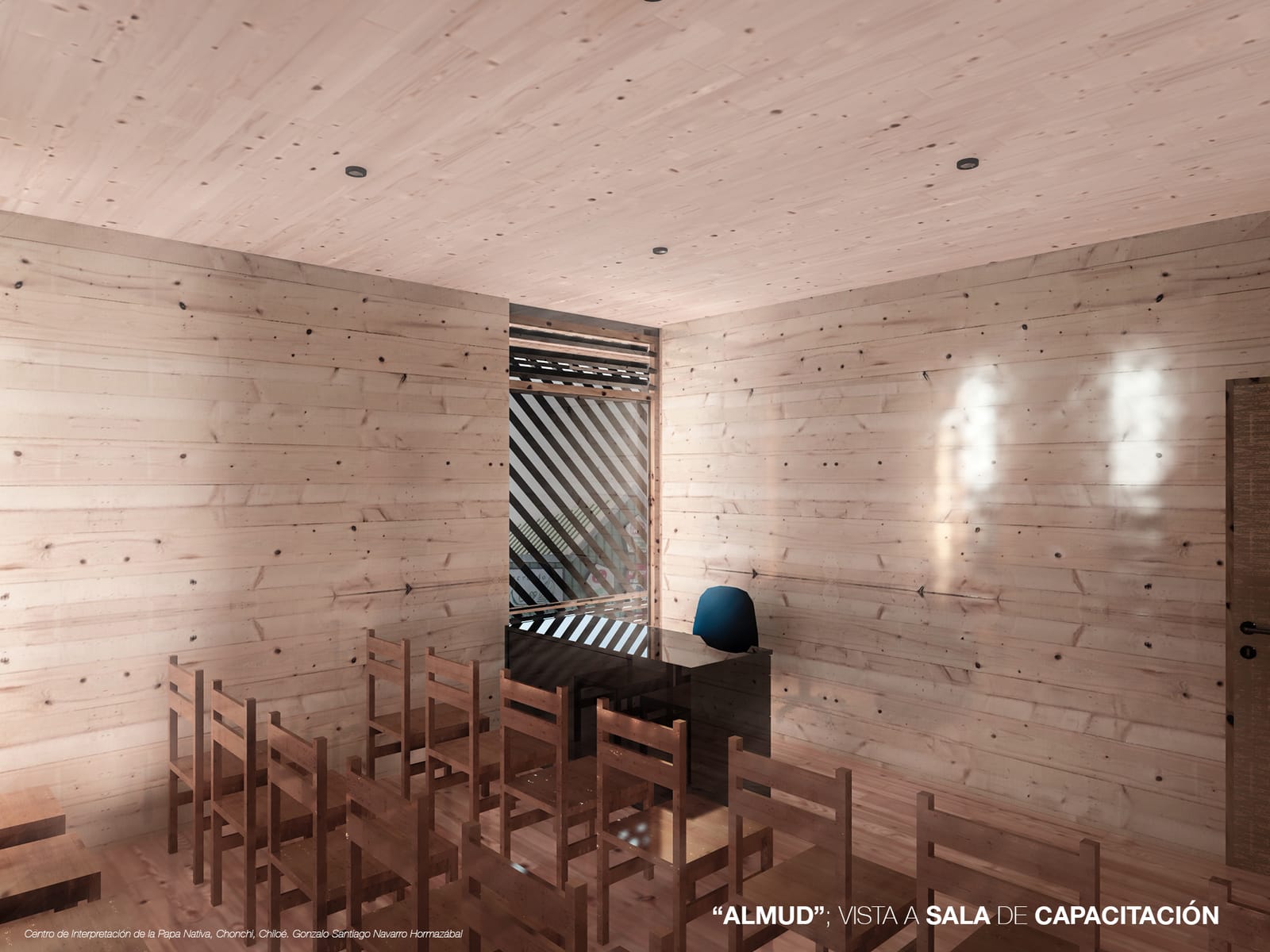 Training room of the almud, tables set for a workshop and pale timber panels