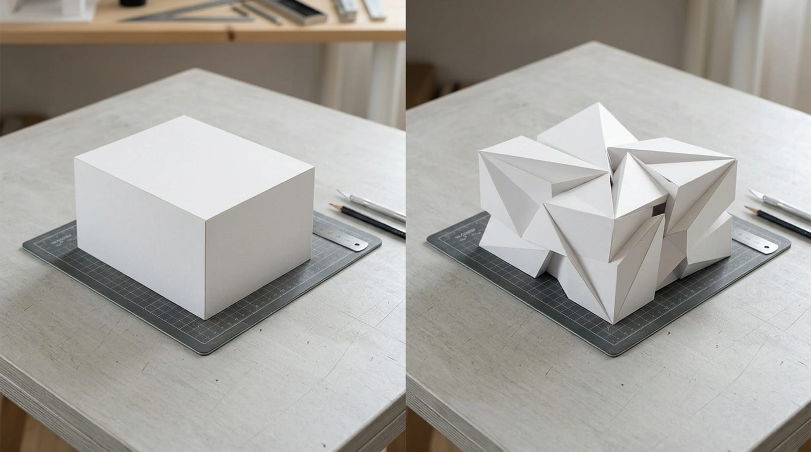 Dos volúmenes arquitectónicos comparados: uno rectangular simple y otro de geometría quebrada con muchos ángulos