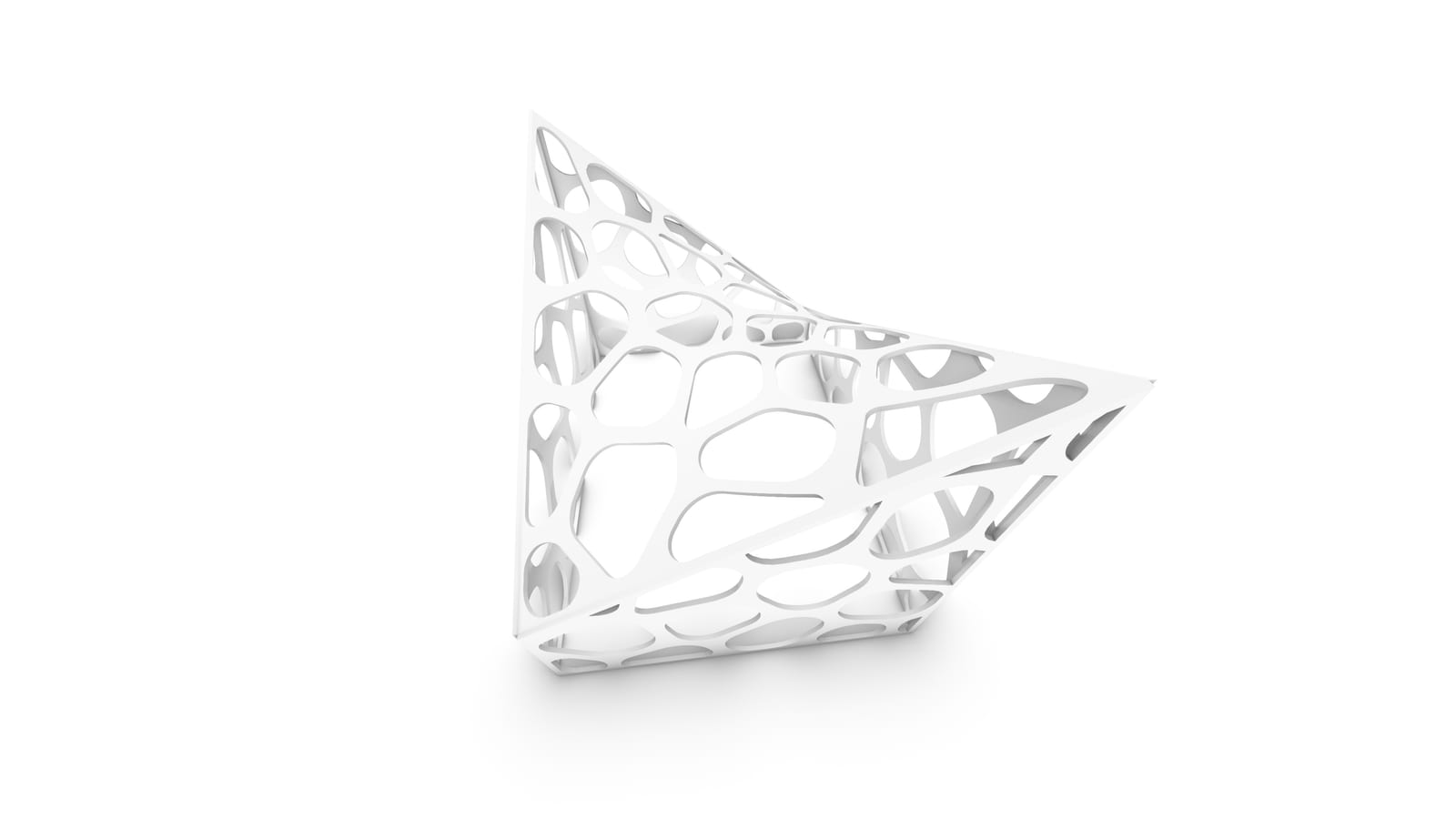 Superficie curva perforada con un patrón de celdas irregulares tipo Voronoi, en render blanco