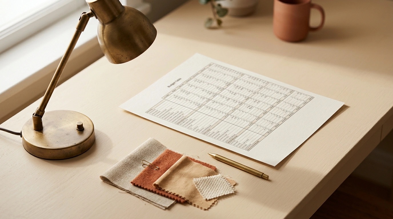 Tabla de presupuesto impresa junto a muestras de materiales
