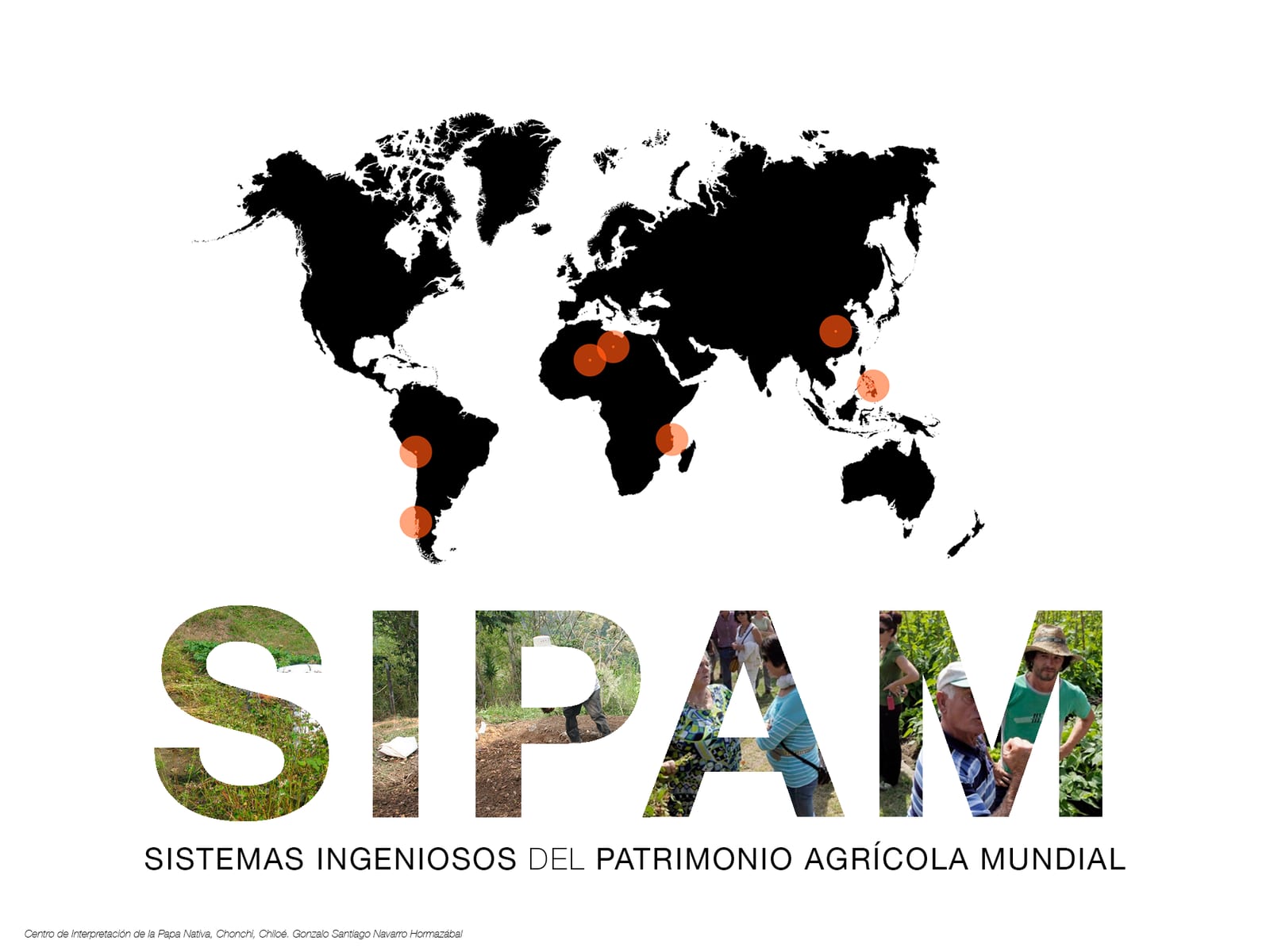 World map of sites recognized as Globally Important Agricultural Heritage Systems, with Chiloé highlighted
